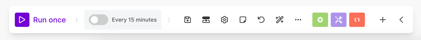 Make scenario editor toolbar with run, scheduling, history, and configuration controls