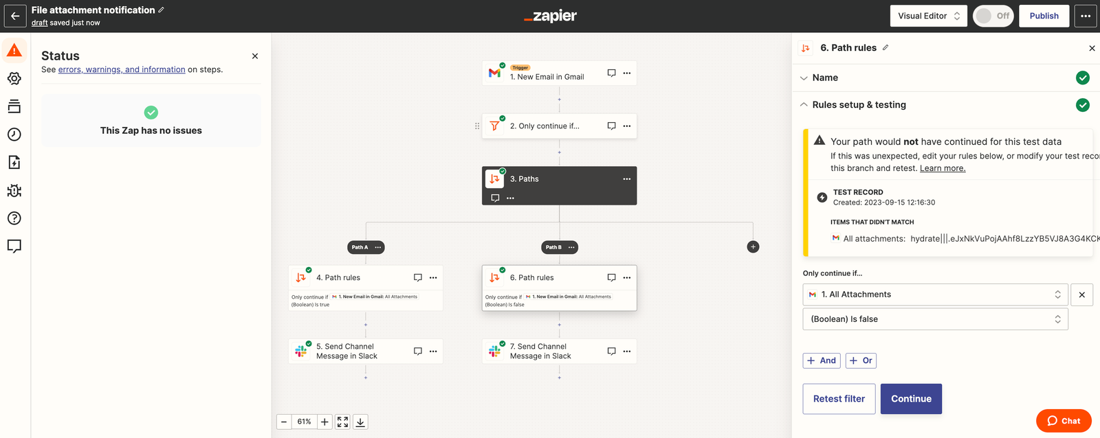 Zapier visual editor showing a branching email workflow and path test result